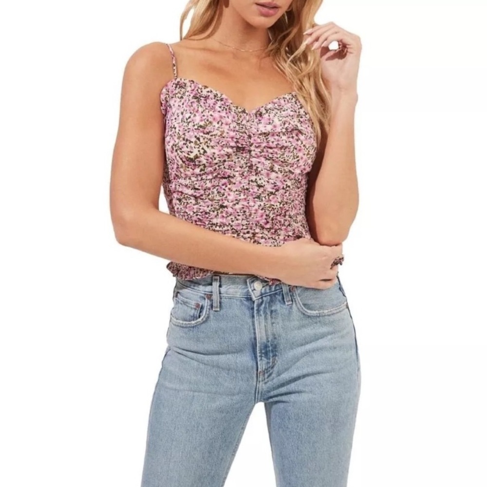 ASTR the Label Chiffon Ruched Ruffle Floral Blouse Fuchsia Ditsy Size M - Picture 3 of 4